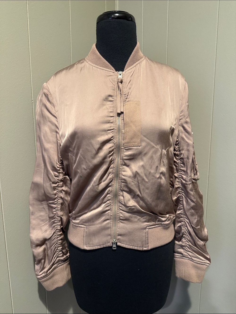 AllSaints Women’s Small Taupe Blush Satin Bomber Jacket
